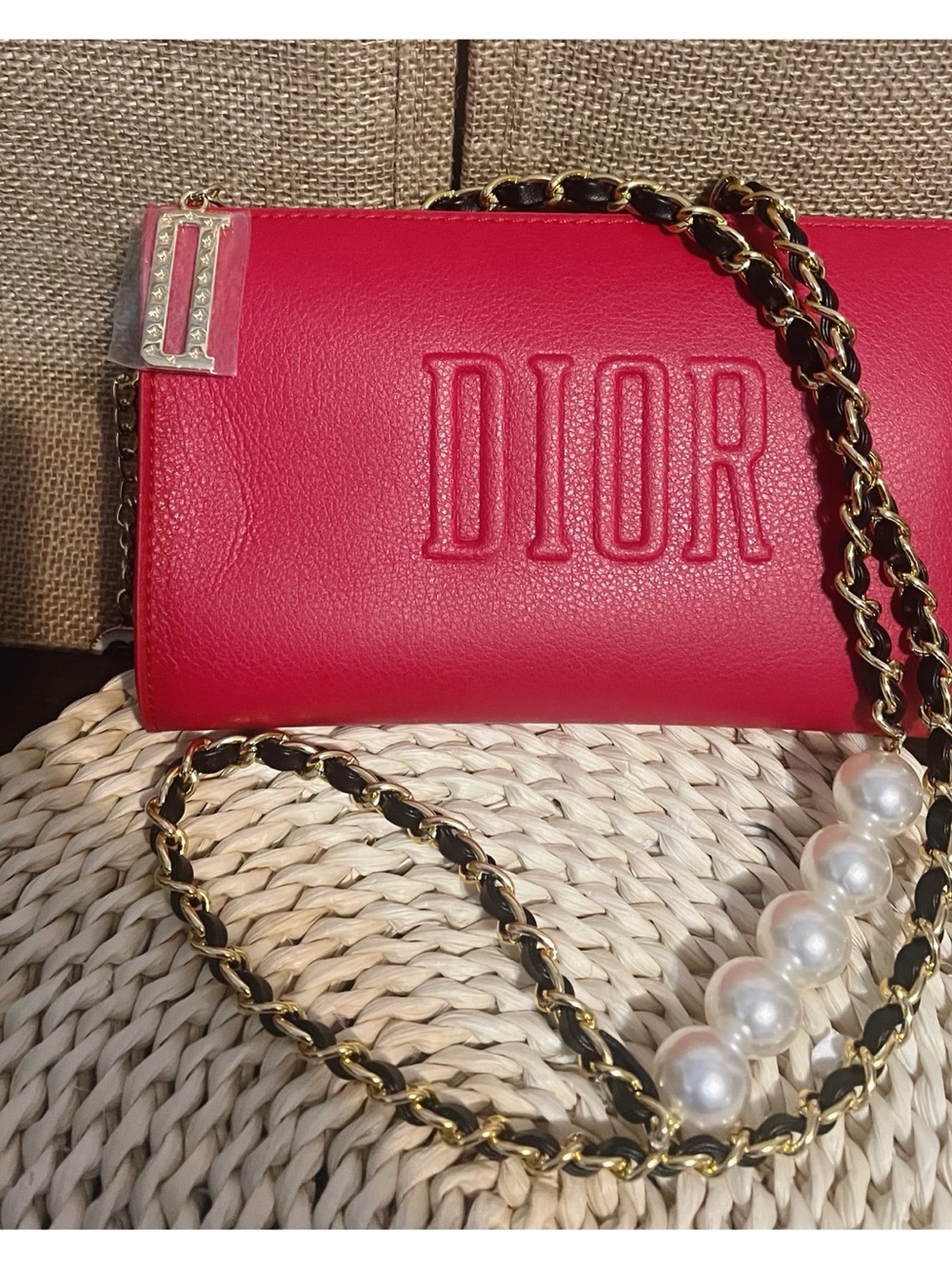 Dior Red Embossed Crossbody with Pearl-Accent Chain